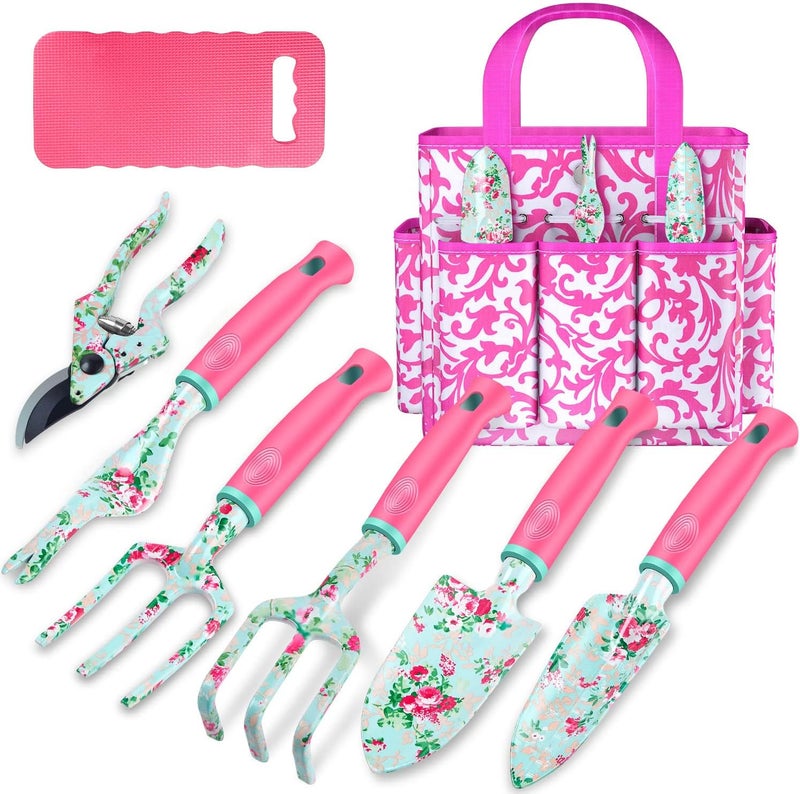 WANCHI Gardening Tools, 8 Pcs Heavy Duty Floral Garden Tool Set Birthday Gifts for Women Rose Red Gardening Kit (Garden Tool Bag Kneeling Pad Weeder Fork Hand Rake Pruning Shears Trowel Transplanter) - Image 1